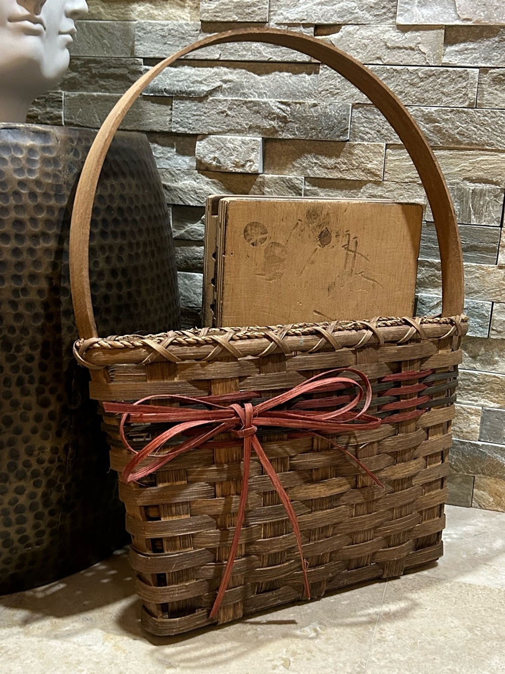 hand-woven wall or door hung wooden splint basket